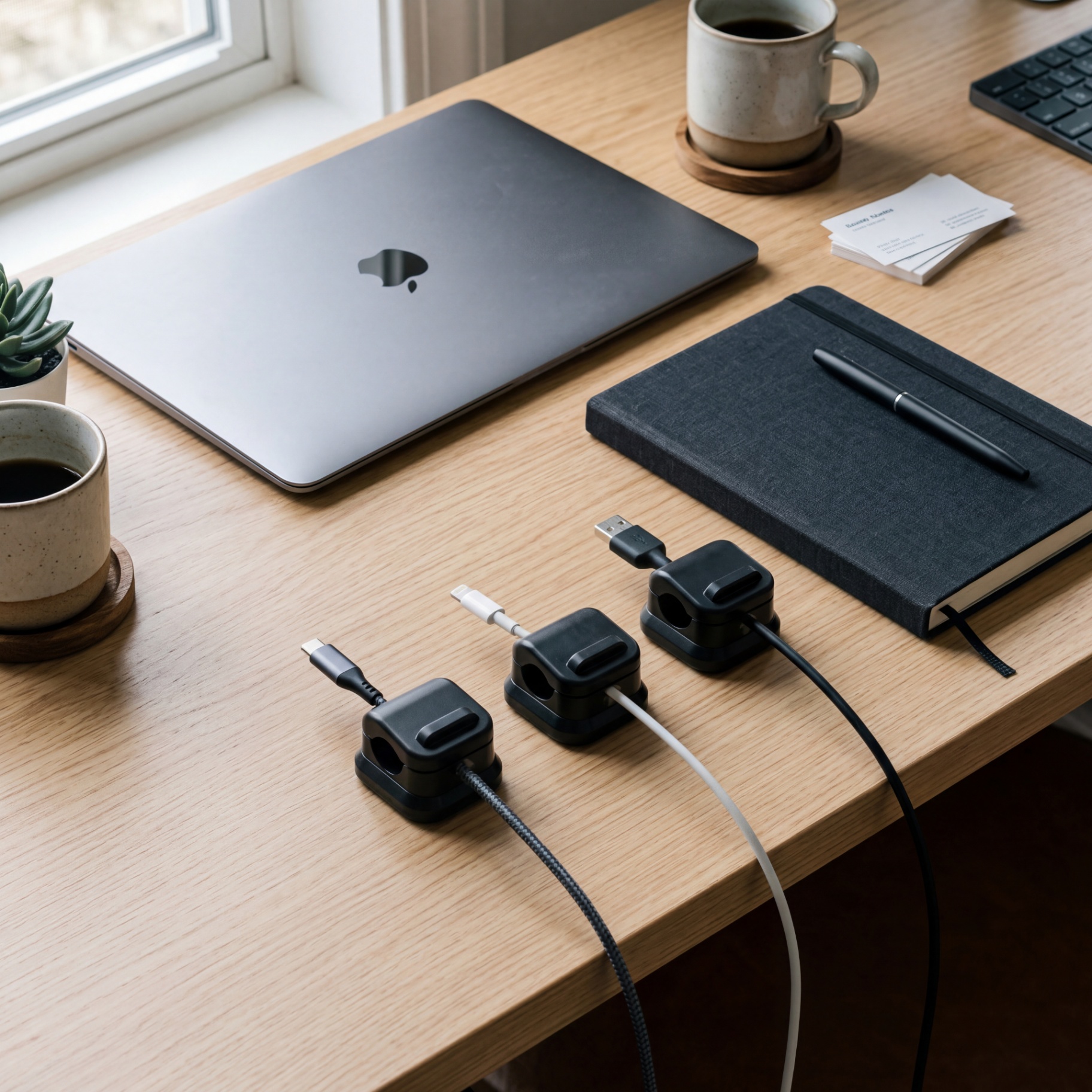 Nuvi magnetic cable organizers holding three charging cables on a sunlit oak desk beside a MacBook, ceramic mug, and notebook