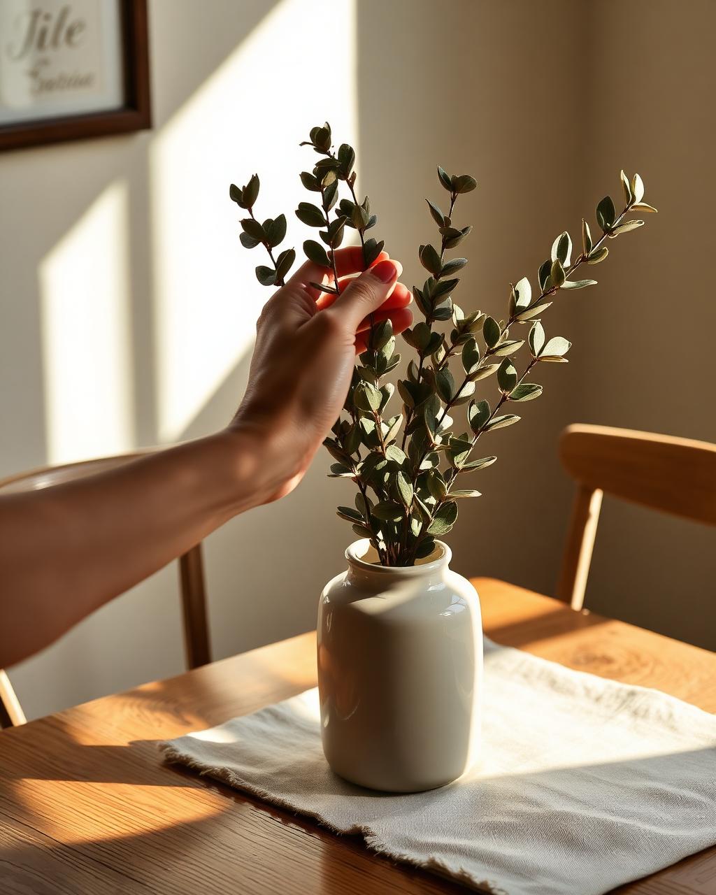 Hand arranging dried eucalyptus stems in a cream stoneware vase, warm afternoon light